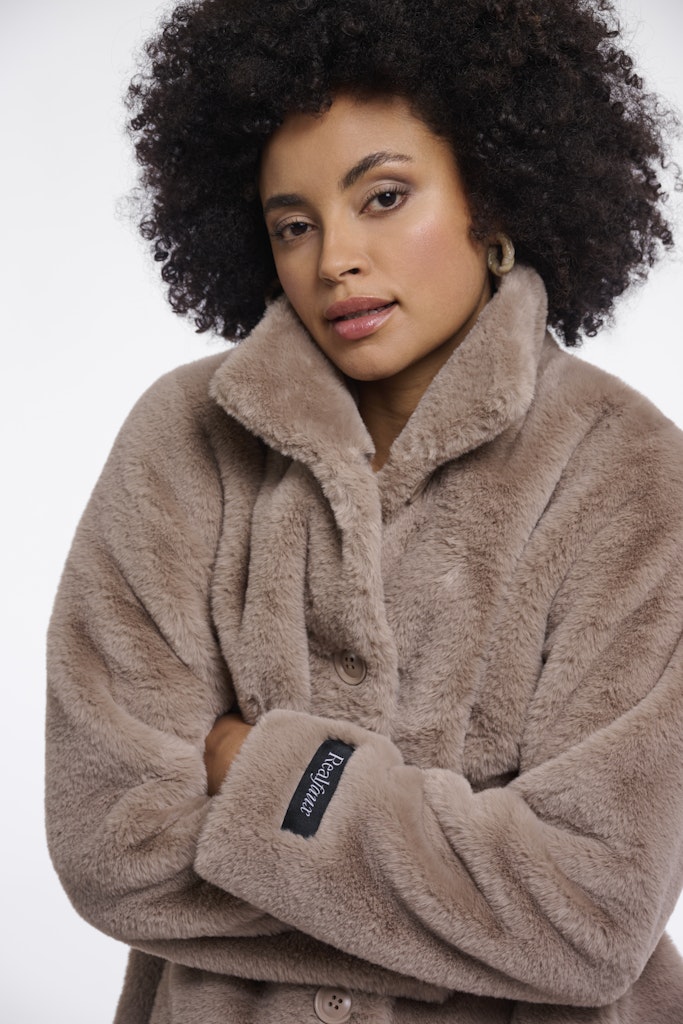 Single Breasted Faux Fur Coat - Zand