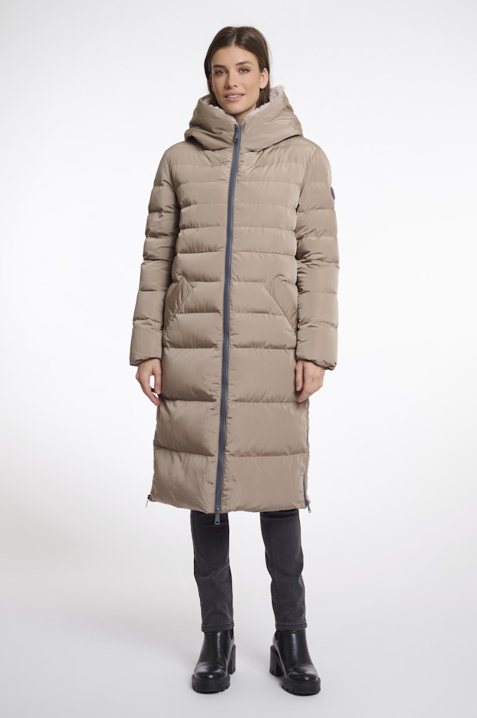 Long Padded Hooded Coat With Faux Fur - Kaki