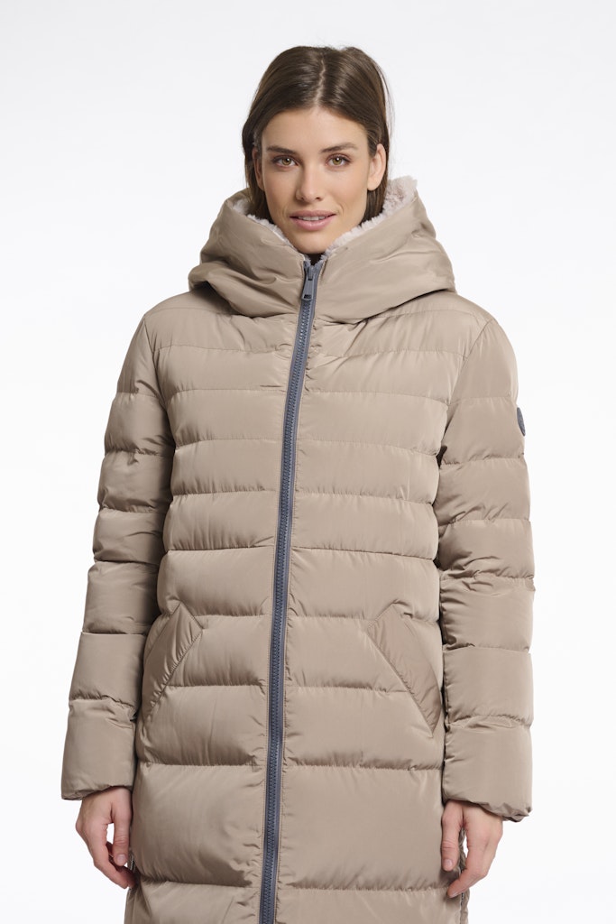 Long Padded Hooded Coat With Faux Fur - Kaki