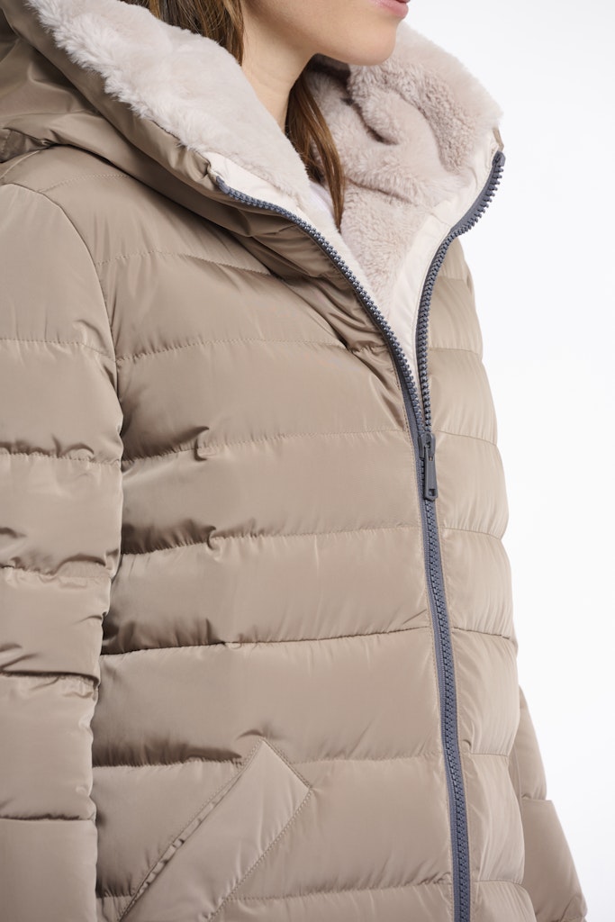 Long Padded Hooded Coat With Faux Fur - Kaki