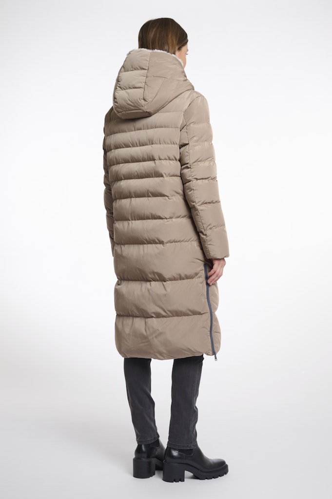 Long Padded Hooded Coat With Faux Fur - Kaki
