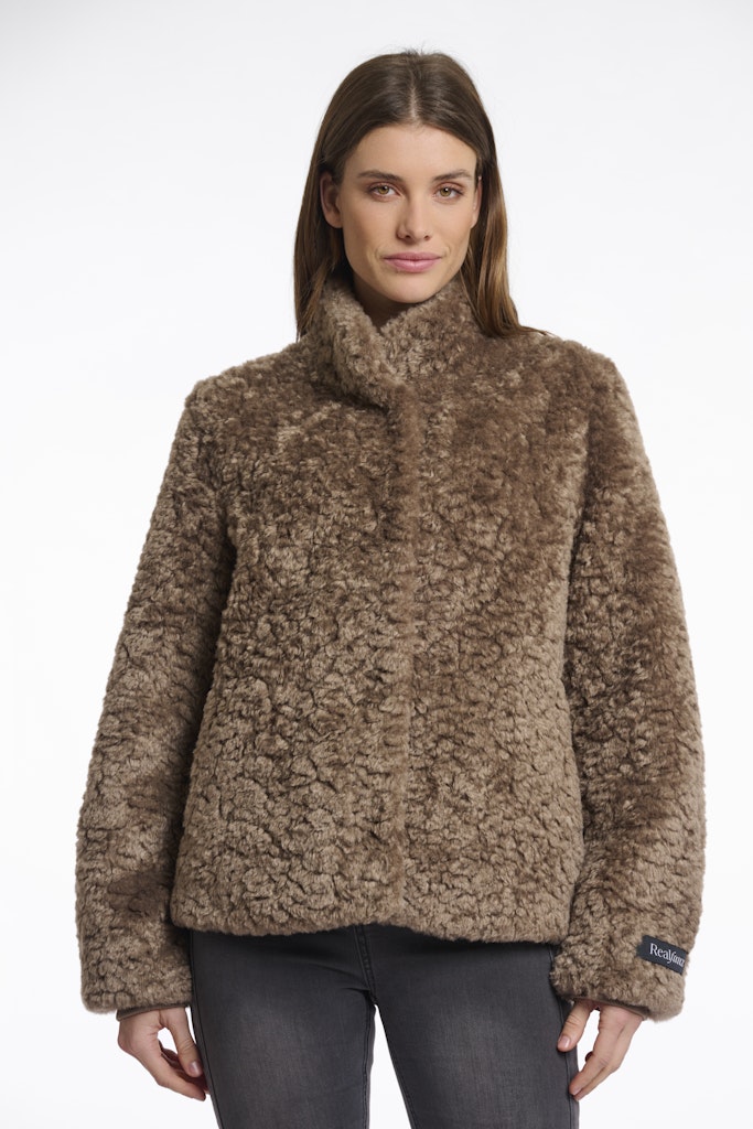 Faux Fur Jacket With High Neck - Bruin