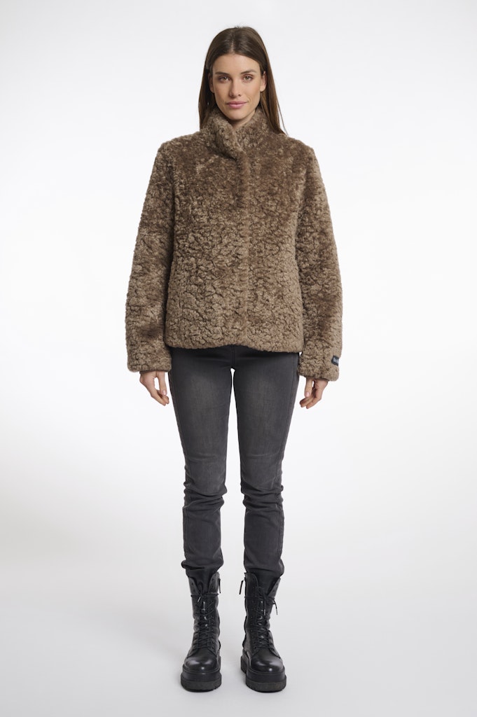 Faux Fur Jacket With High Neck - Bruin