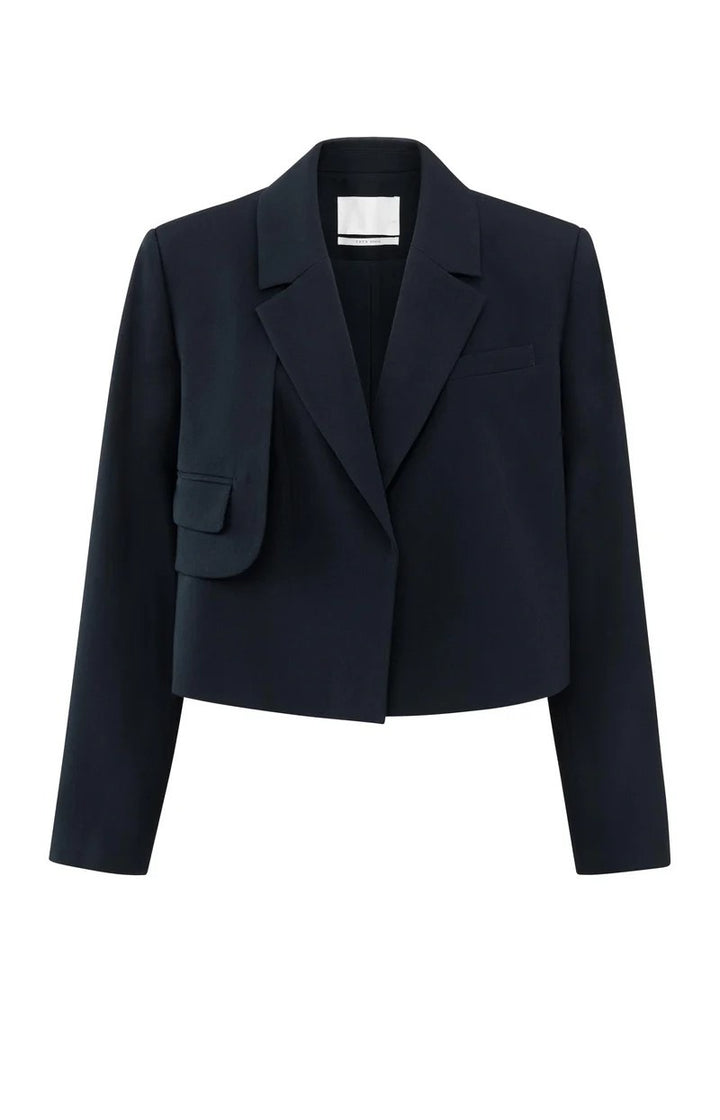 Woven Cropped Blazer With Flap - Navy