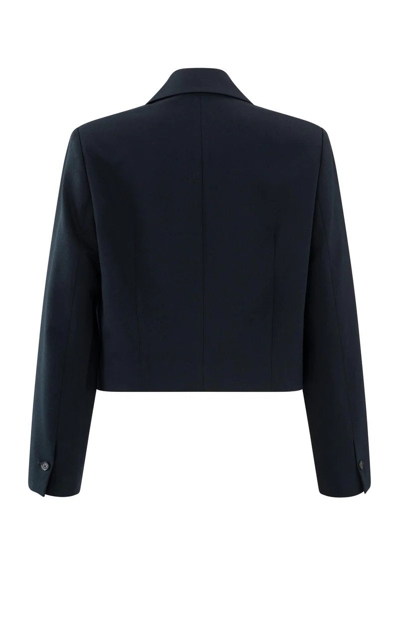 Woven Cropped Blazer With Flap - Navy