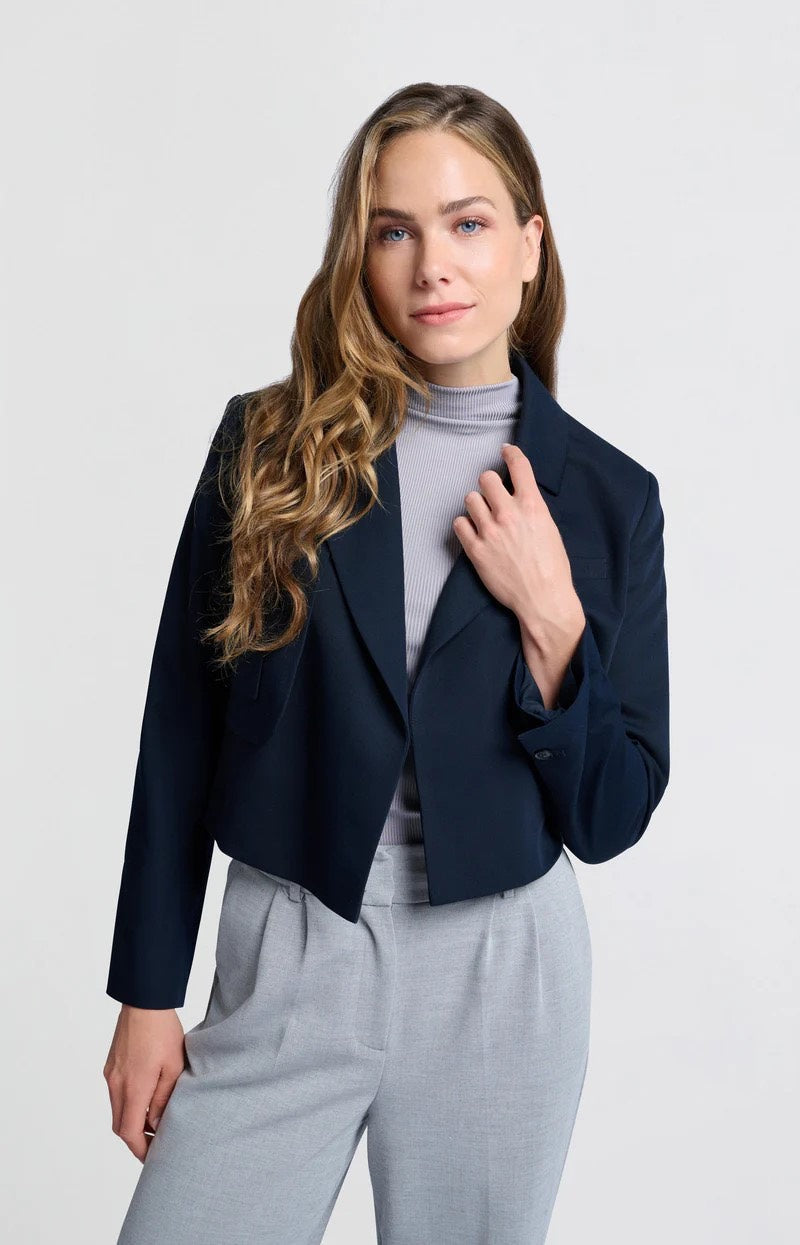 Woven Cropped Blazer With Flap - Navy