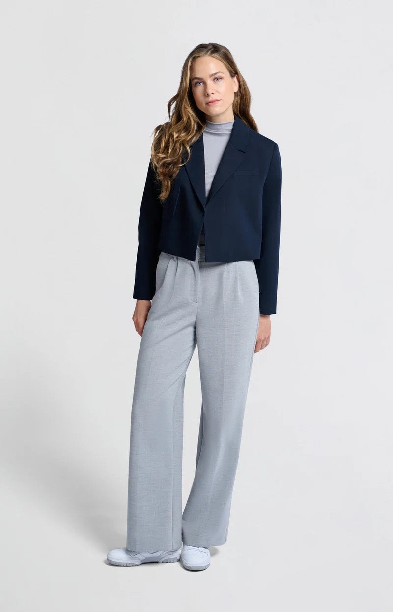 Woven Cropped Blazer With Flap - Navy