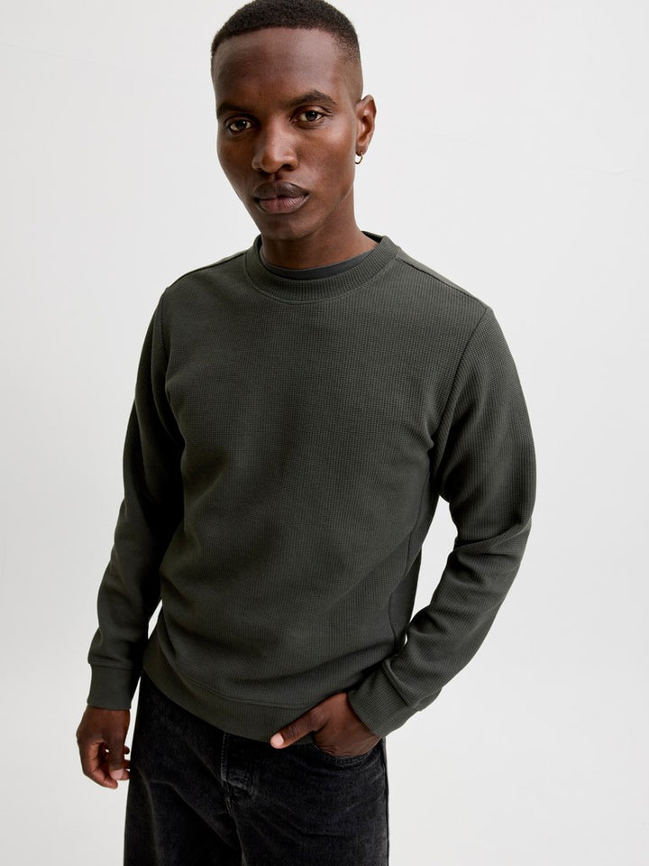 Jcofusion Waffle Brand Sweat Crew Neck - Donkergroen