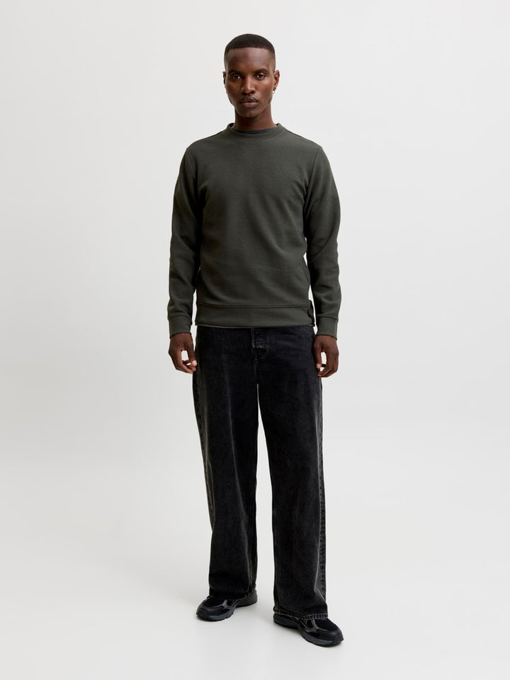 Jcofusion Waffle Brand Sweat Crew Neck - Donkergroen