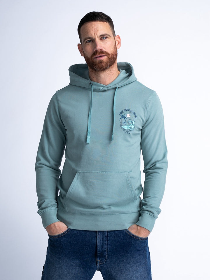 Men Sweater Hooded Print - Aqua