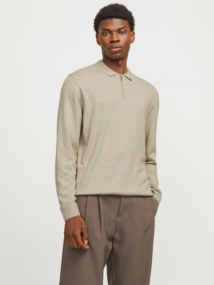 Jjeemil Knit Polo Half Zip Ls Noos - Beige