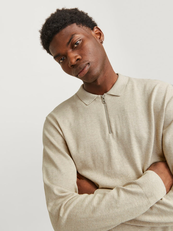 Jjeemil Knit Polo Half Zip Ls Noos - Beige