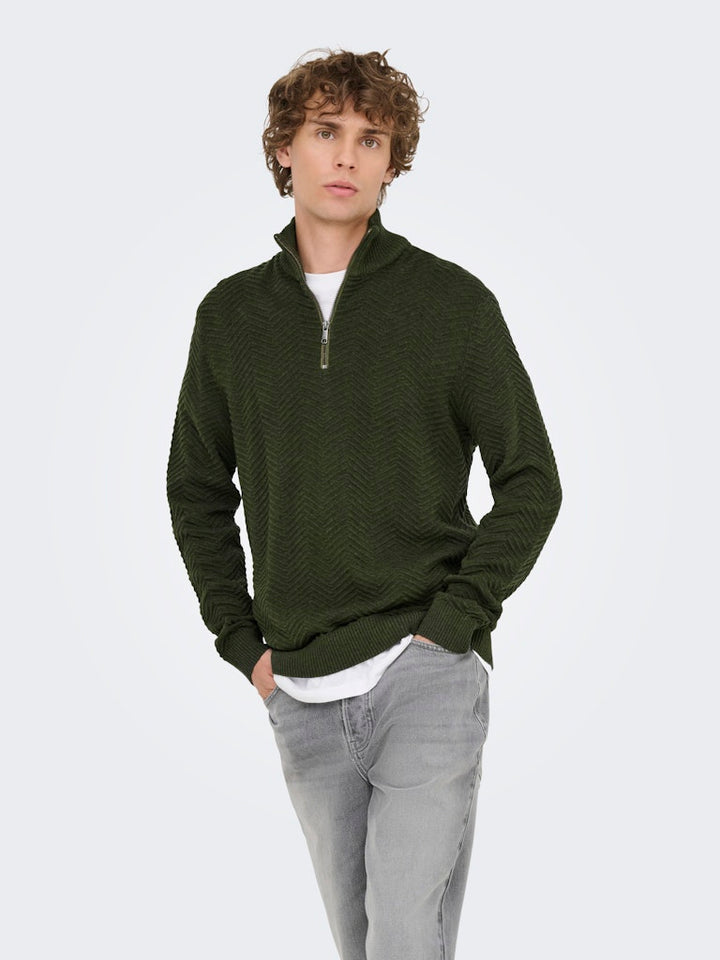 Onsmace Reg 12 Herringbon Half Zip - Donkergroen