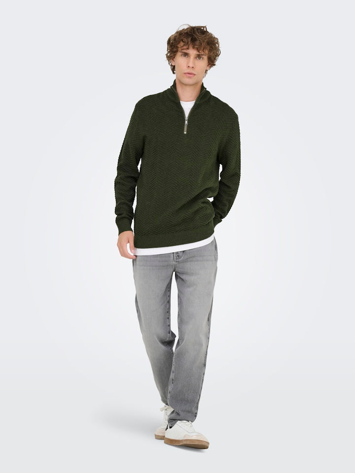 Onsmace Reg 12 Herringbon Half Zip - Donkergroen
