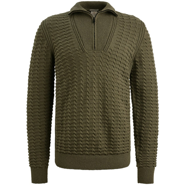 Half Zip Collar Cotton Boucle - Donkergroen