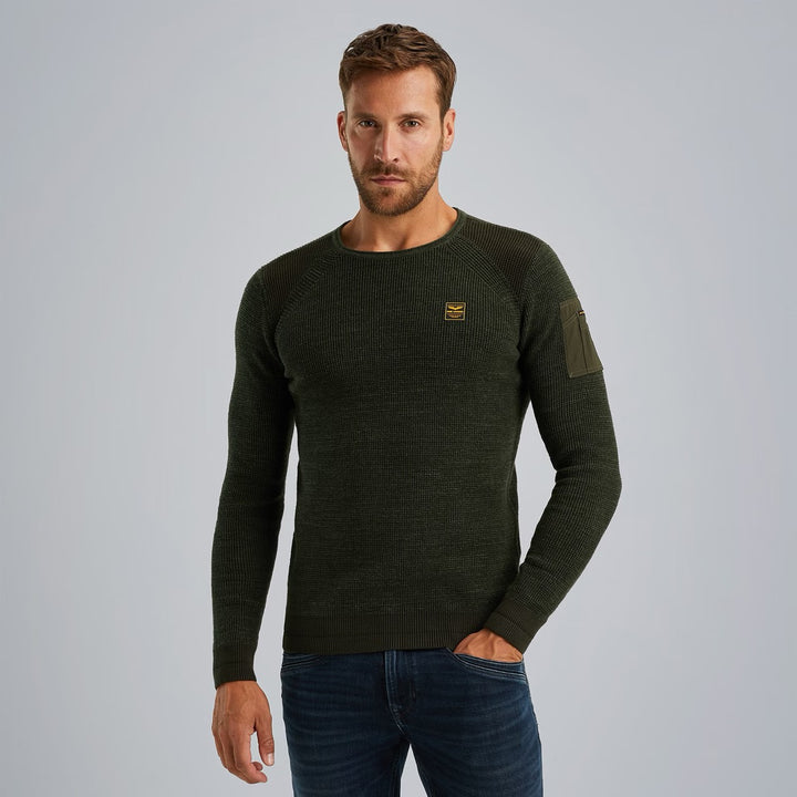 R-neck Cotton Rib Melee Knit - Donkergroen