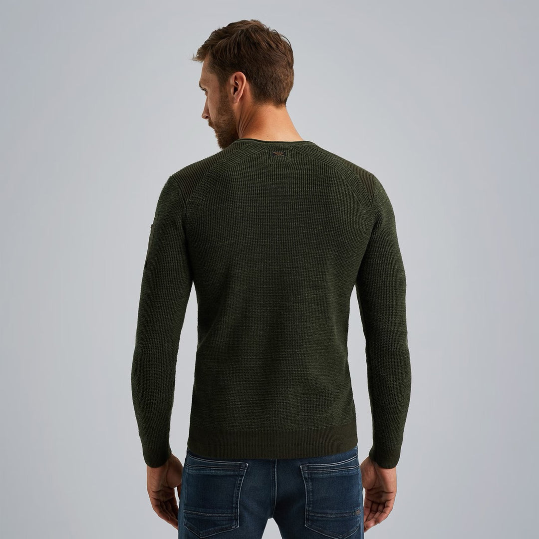 R-neck Cotton Rib Melee Knit - Donkergroen