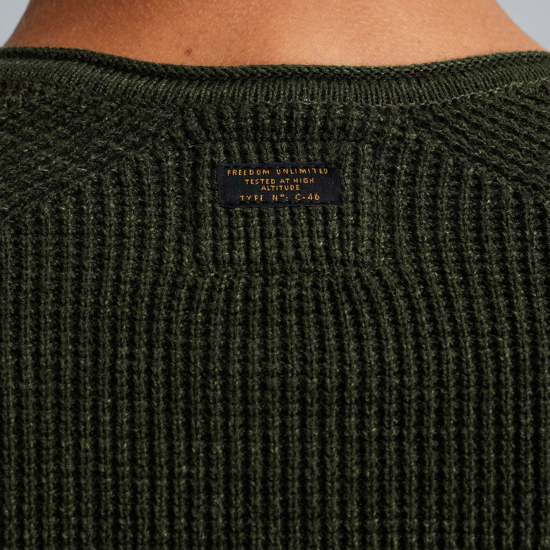 R-neck Cotton Rib Melee Knit - Donkergroen