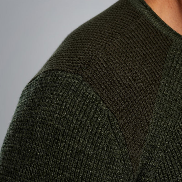 R-neck Cotton Rib Melee Knit - Donkergroen