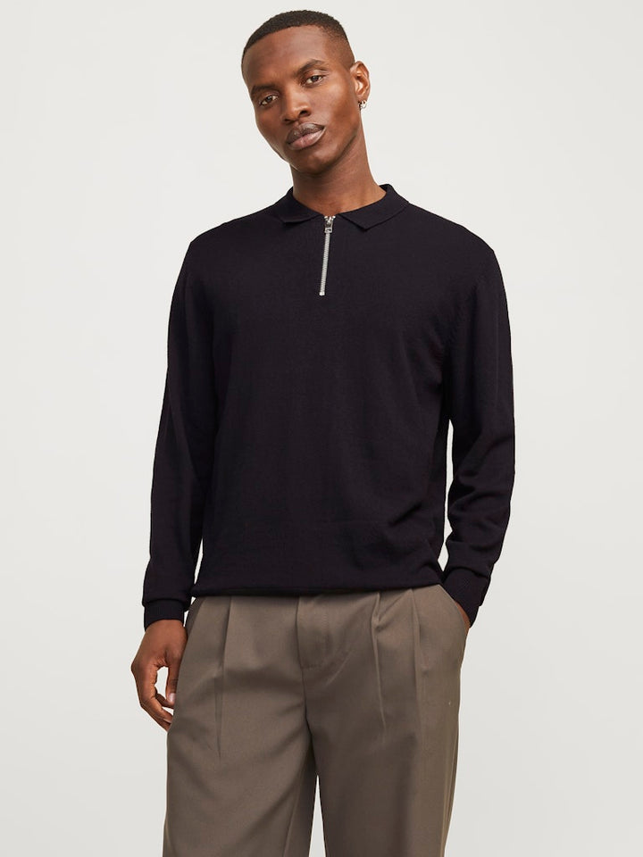 Jjeemil Knit Polo Half Zip Ls Noos - Zwart