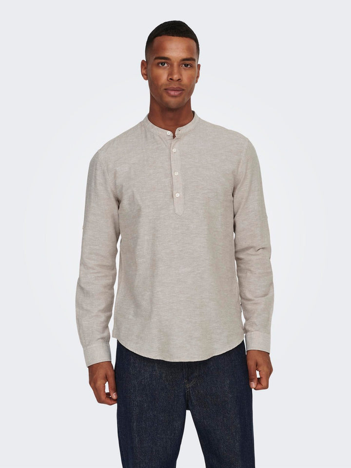 Onscaiden Ls Halfplackt Linen Shirt - Zand