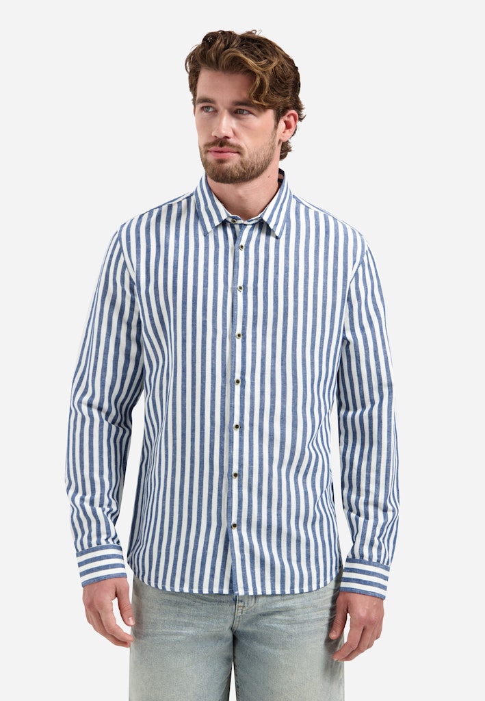 Shirt Vertical Big Stripe With Linen - Blauw Dessin
