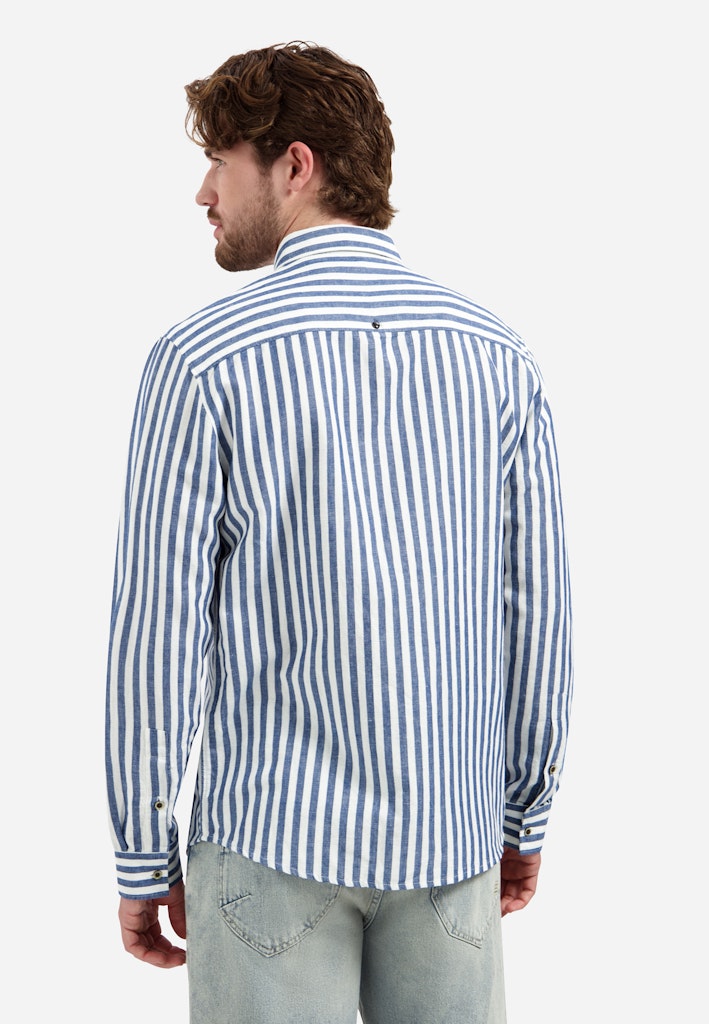 Shirt Vertical Big Stripe With Linen - Blauw Dessin
