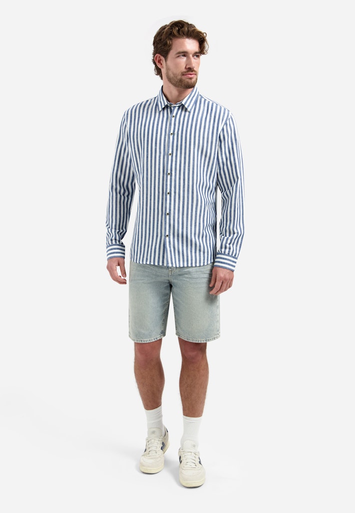 Shirt Vertical Big Stripe With Linen - Blauw Dessin