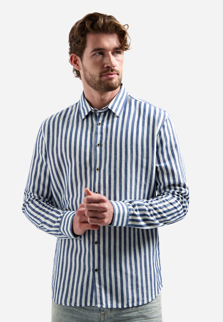 Shirt Vertical Big Stripe With Linen - Blauw Dessin