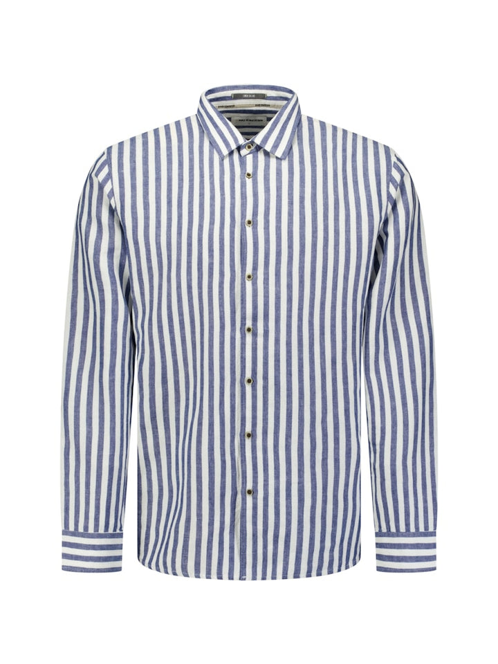 Shirt Vertical Big Stripe With Linen - Blauw Dessin