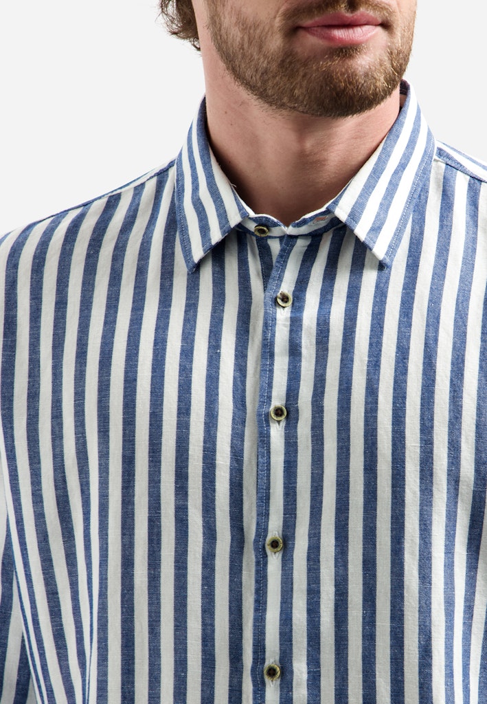 Shirt Vertical Big Stripe With Linen - Blauw Dessin