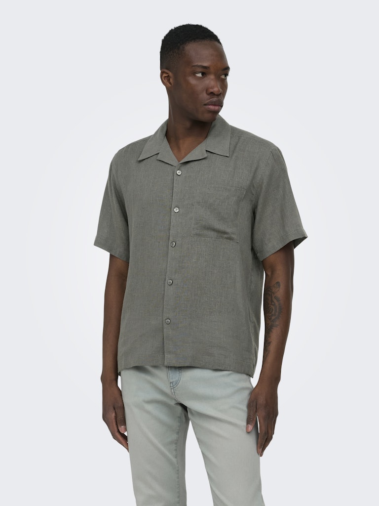 Onslaurence Linen Resort Collar Ss - Donkergroen