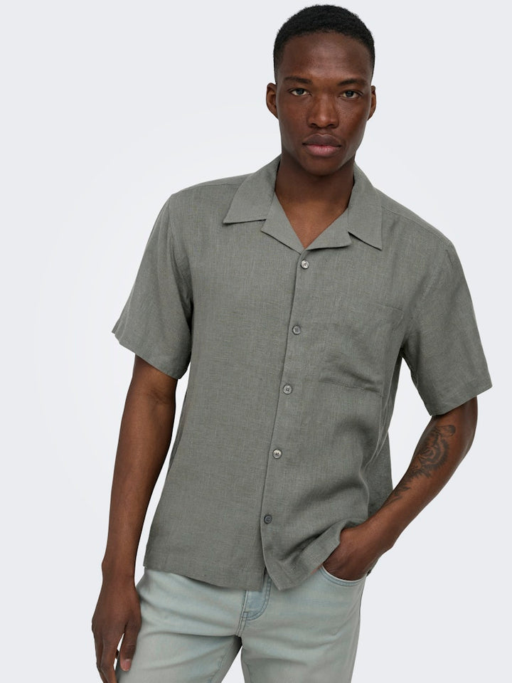 Onslaurence Linen Resort Collar Ss - Donkergroen