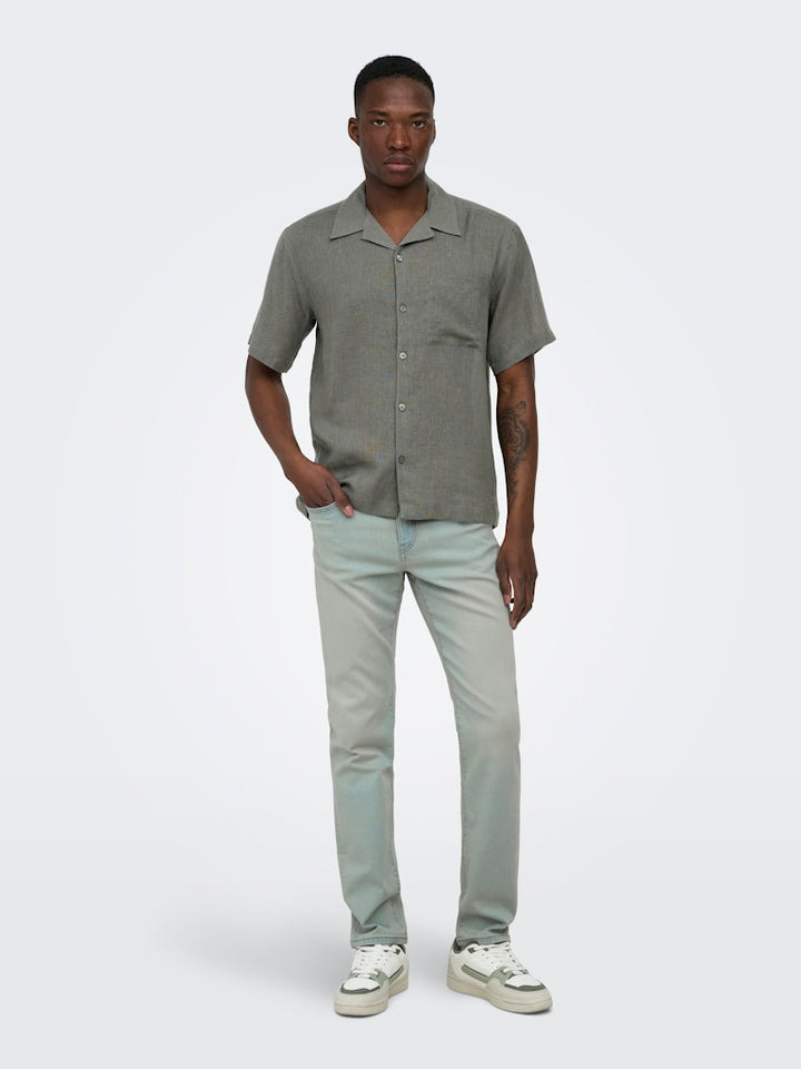 Onslaurence Linen Resort Collar Ss - Donkergroen