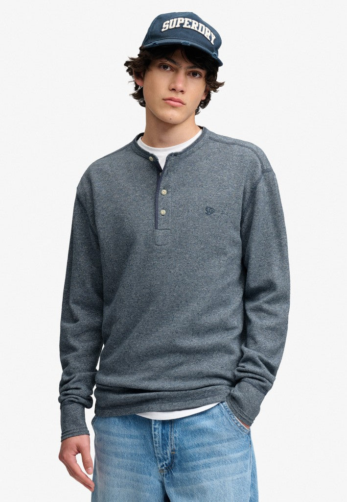 Mini Slub Waffle Long Sleeve Grandad Top - Blauw Melee
