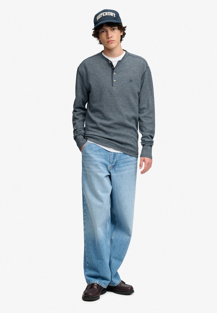 Mini Slub Waffle Long Sleeve Grandad Top - Blauw Melee