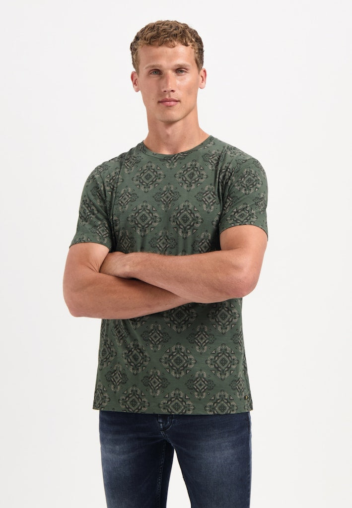 T-shirt Crewneck Allover Printed Garment Dyed Slub - Groen Dessin