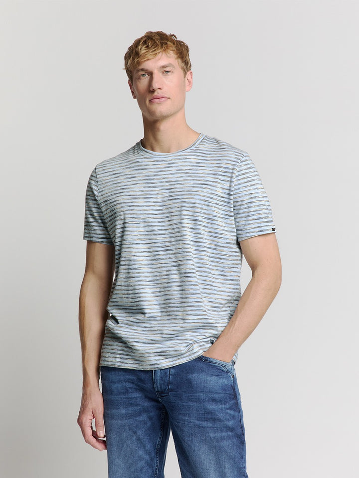 T-shirt Crewneck Multi Coloured Melange Stripes - Blauw Dessin