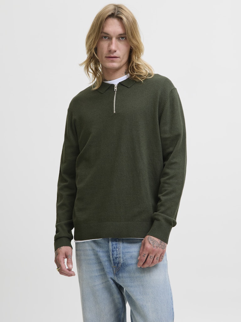 Jjeemil Knit Polo Half Zip Ls Noos - Donkergroen