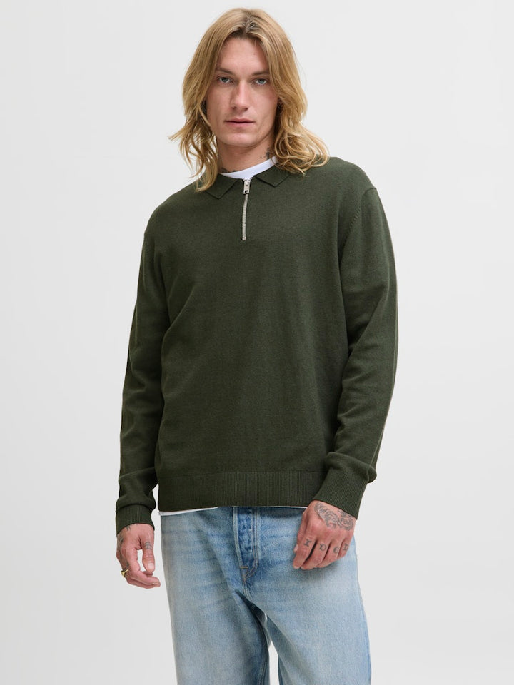 Jjeemil Knit Polo Half Zip Ls Noos - Donkergroen