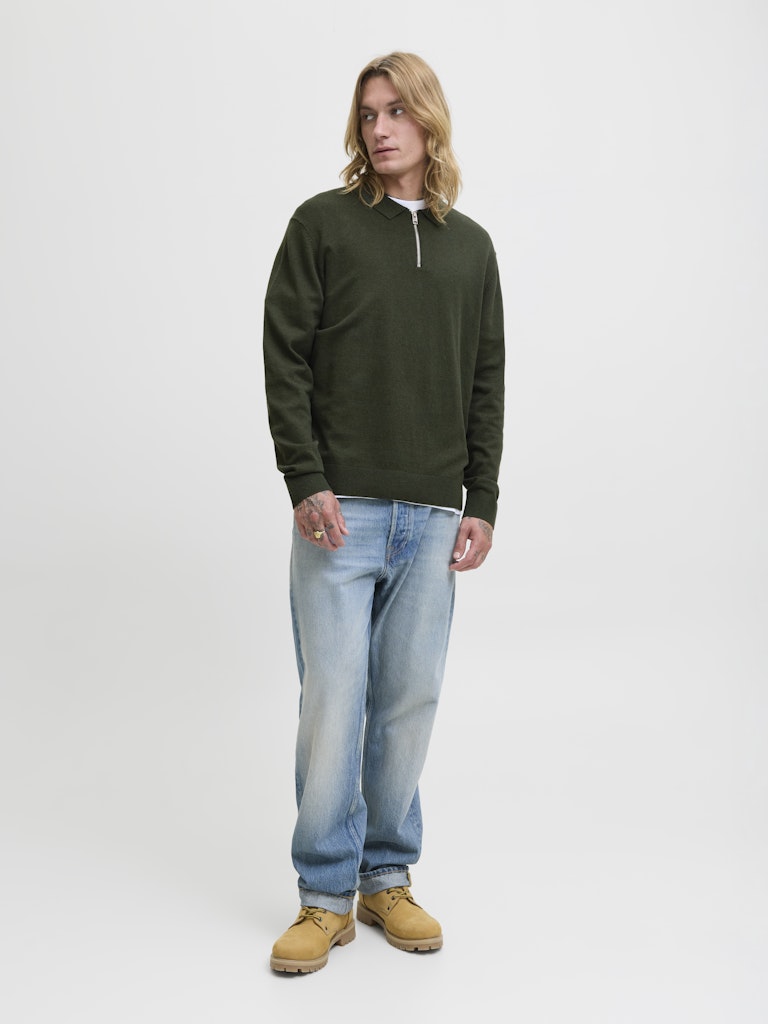Jjeemil Knit Polo Half Zip Ls Noos - Donkergroen