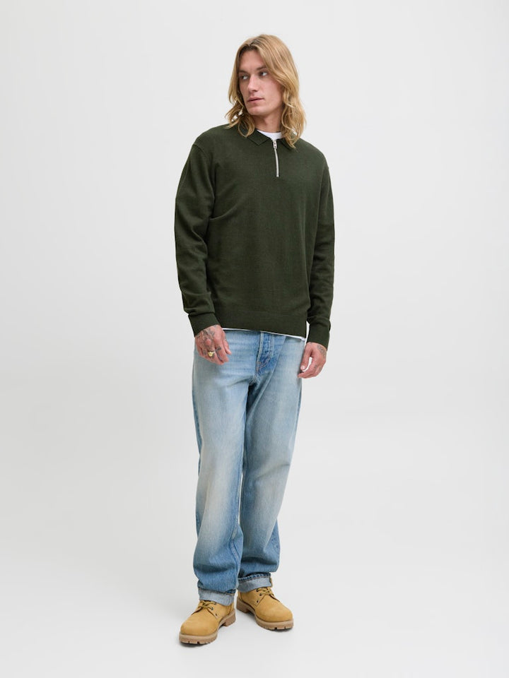 Jjeemil Knit Polo Half Zip Ls Noos - Donkergroen