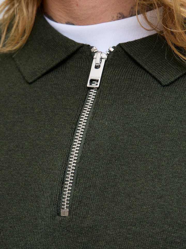 Jjeemil Knit Polo Half Zip Ls Noos - Donkergroen