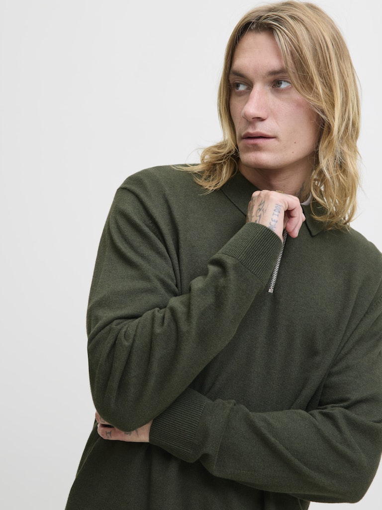 Jjeemil Knit Polo Half Zip Ls Noos - Donkergroen