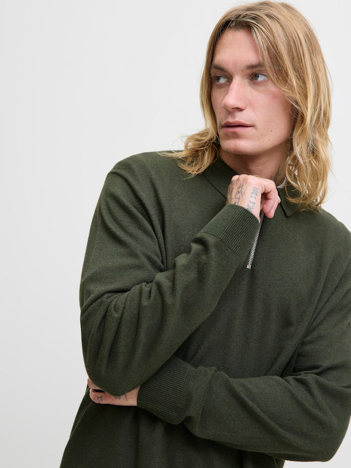 Jjeemil Knit Polo Half Zip Ls Noos - Donkergroen