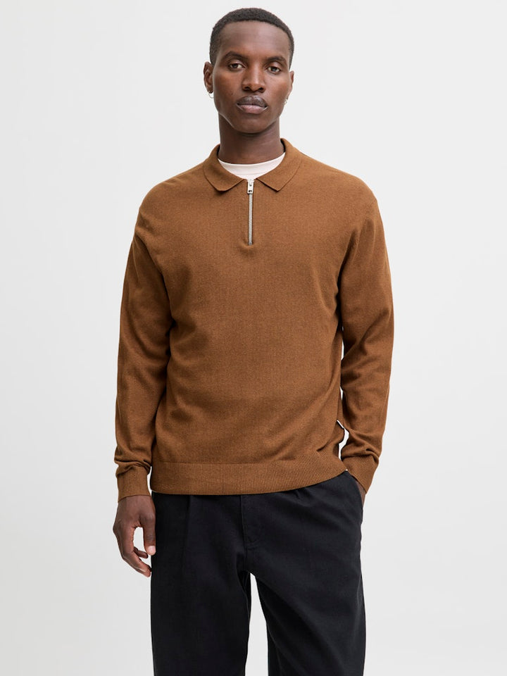 Jjeemil Knit Polo Half Zip Ls Noos - Camel