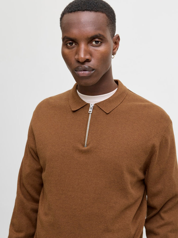 Jjeemil Knit Polo Half Zip Ls Noos - Camel