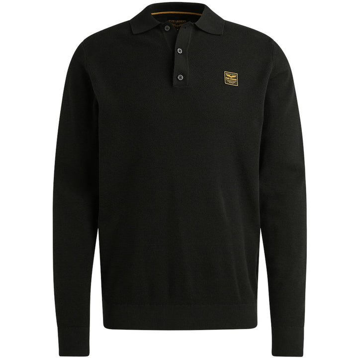 Long Sleeve Polo Structure Knit - Zwart