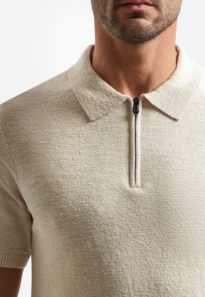 Pullover Short Sleeve Polo Zip Frote - Beige