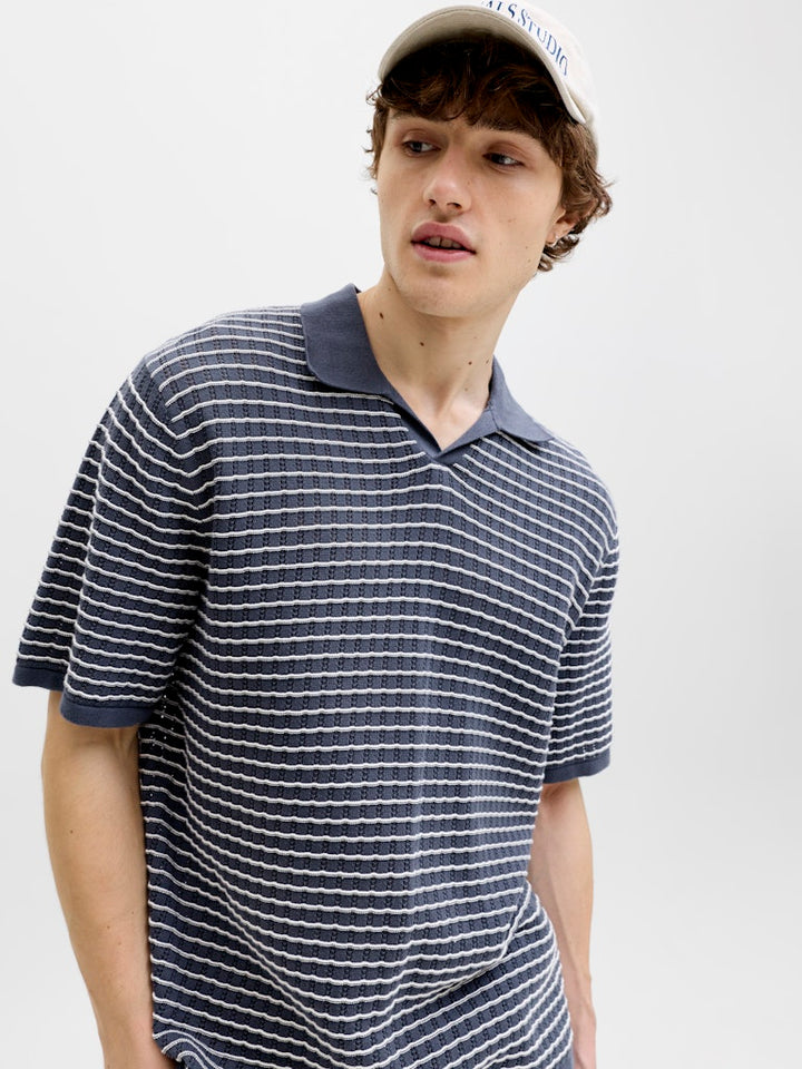 Jornantucket Knit Split Neck Polo - Blauw Dessin